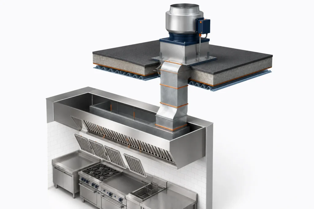 Diagram of a commercial kitchen exhaust system: hood, filters, duct and fan