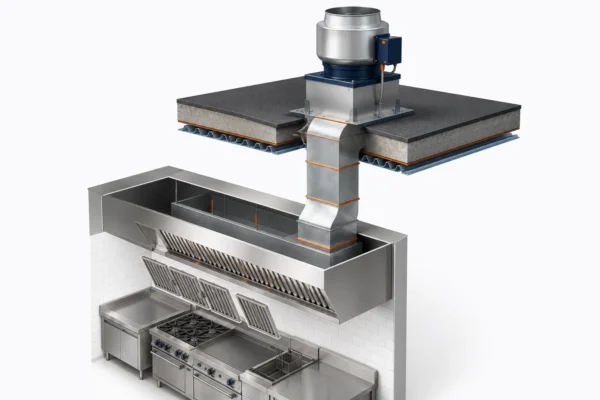 Diagram of a commercial kitchen exhaust system: hood, filters, duct and fan